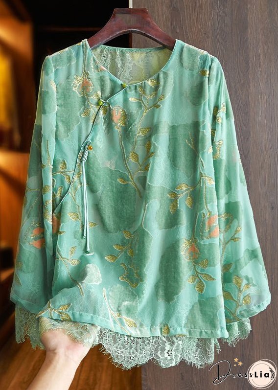 New Green O Neck Button Lace Patchwork Silk Velour Shirt Fall