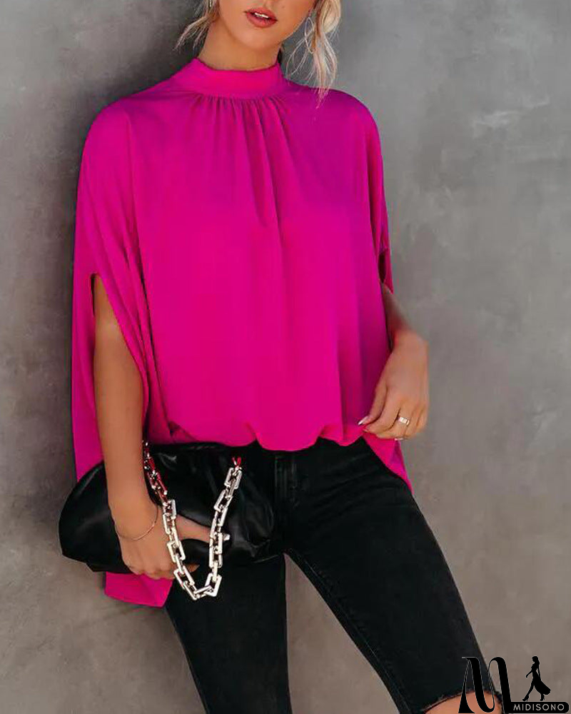 MidiSono - Solid Color Loose Design Flared Sleeve Top