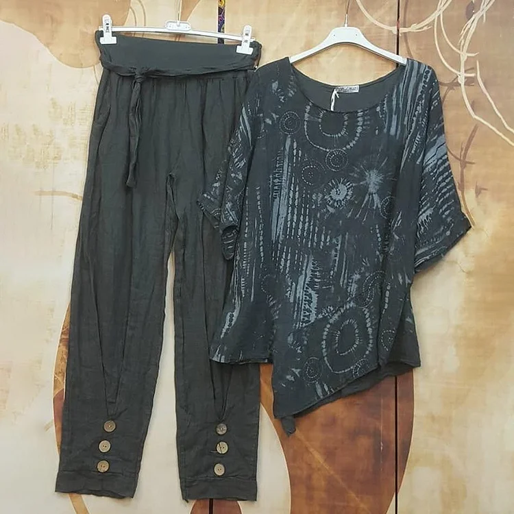 VChics Ladies Casual Loose Printing Round Neck Two Piece Set