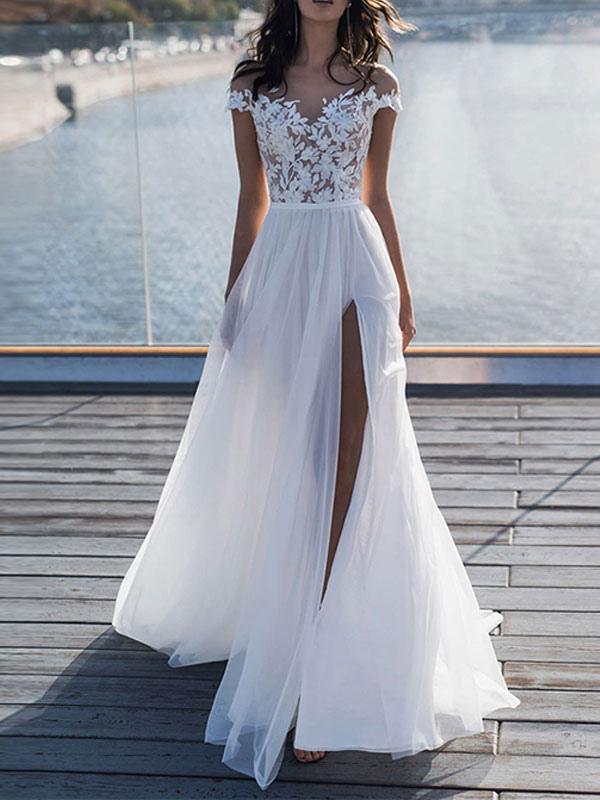Beautiful Short Sleeves Appliques Bridal Gown With Split - lulusllly
