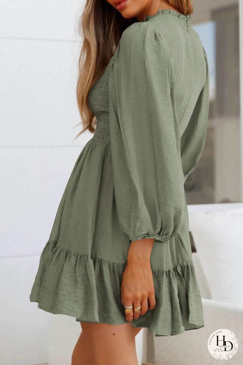 Fashion Solid Flounce O Neck Long Sleeve Dresses(11 Colors)