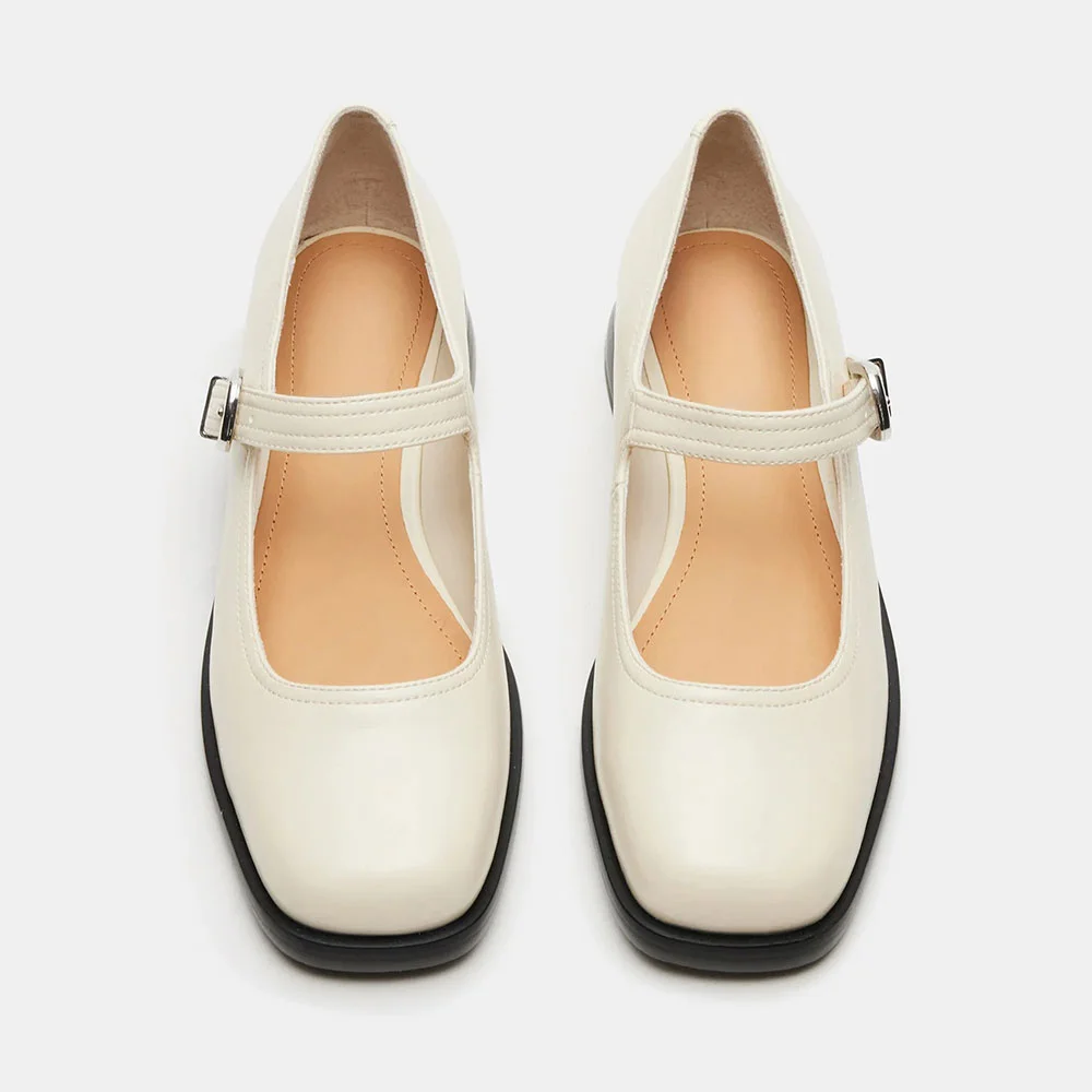 Women's Ivory Square Toe Comfort Adjustable Buckle Mary Jane Flats