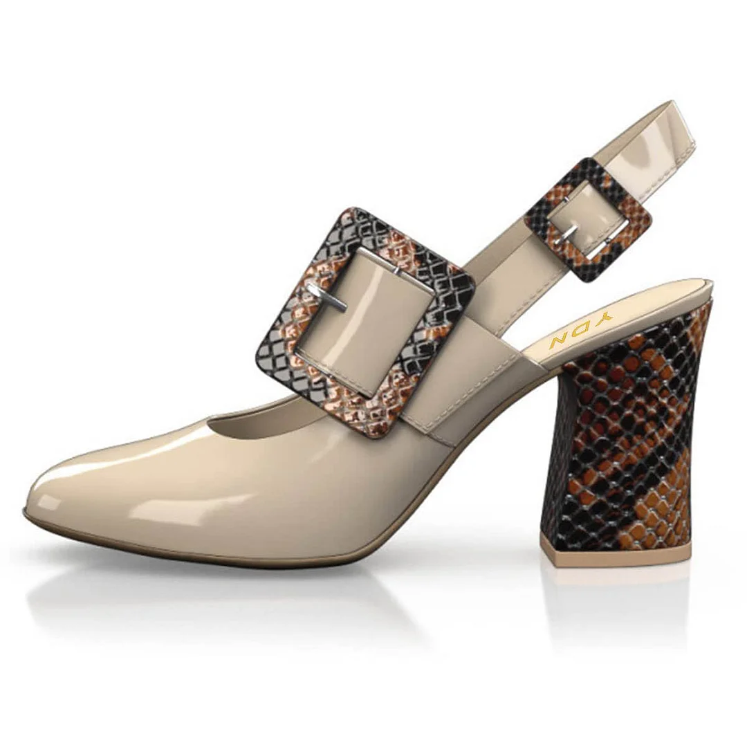 Chunky Heel Snakeskin Buckle Round Toe Slingback Pumps Shoes in Nude
