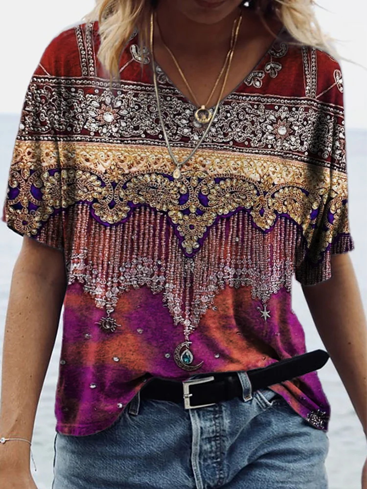 Ethnic Floral Beaded Art V Neck T Shirt