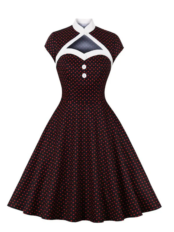 Vintage Sleeveless Swing Polka Dot Crew Neck Midi Dress 