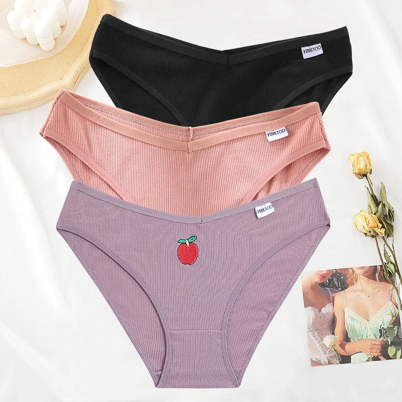 FINETOO 3PCS/Set Women Cotton Embroidery Fruit Panties Underwear V Waist Female M-XL Woman's Briefs Pantys Intimates Lingerie