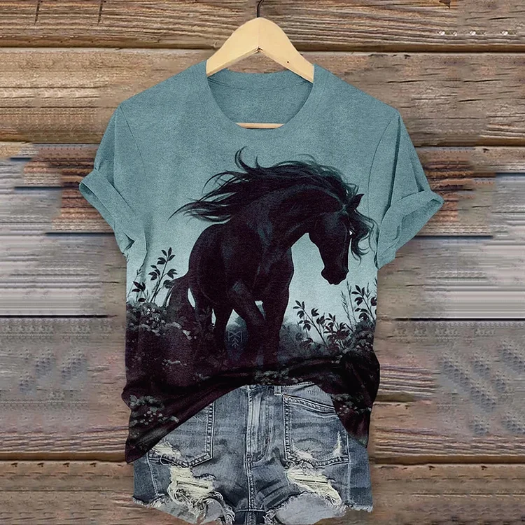 Comstylish Women's Vintage Western Horse Print Casual T-Shirt