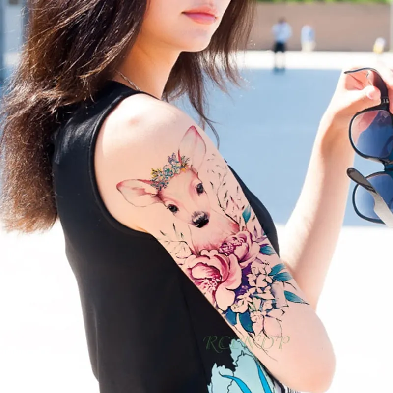 Waterproof Temporary Tattoo sticker cartoon pink deer garland crown flower big flash tatoo fake tatto for Girl Men Women kid
