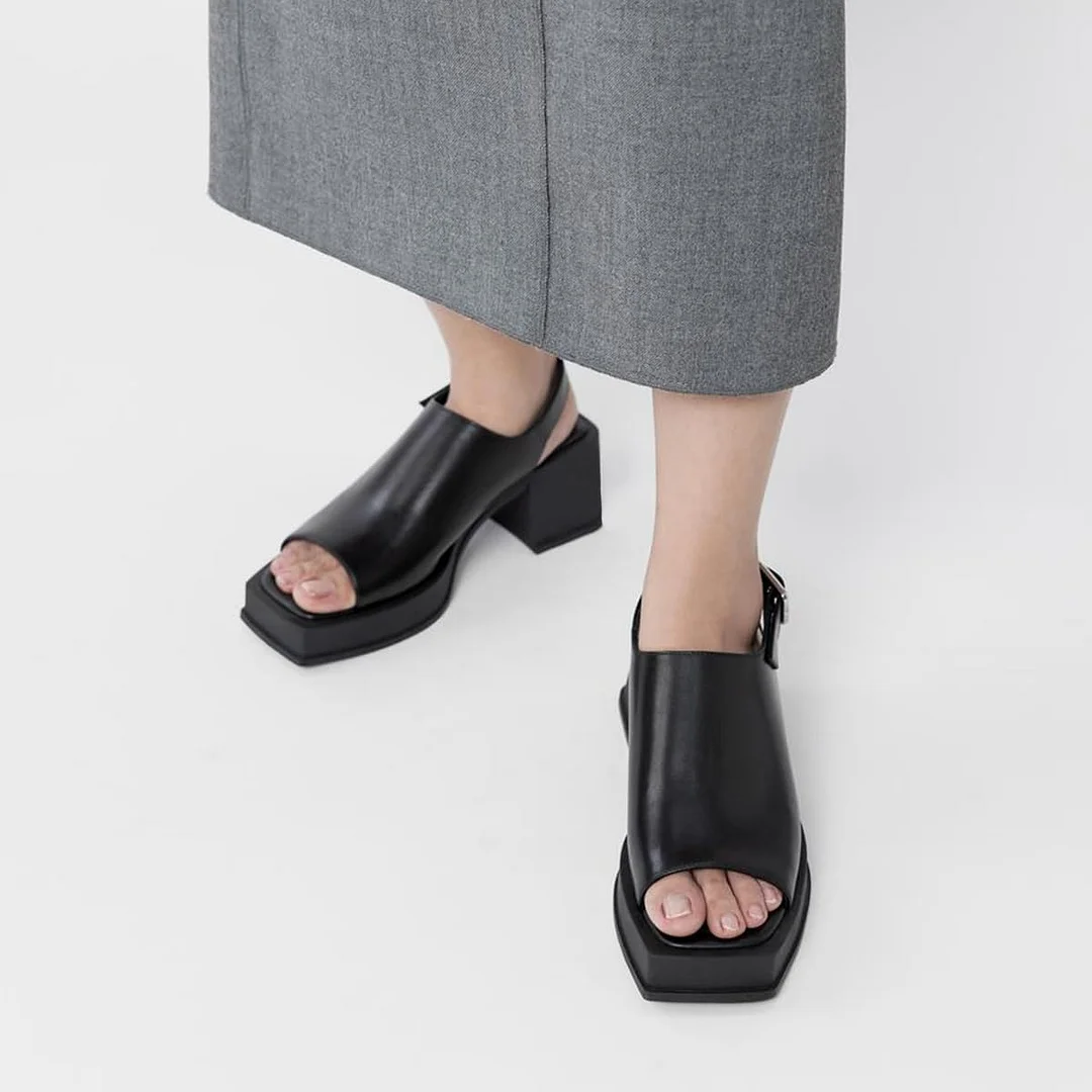 Black Open Square Toe Chunky Heel Slingback Platform Sandals for Women