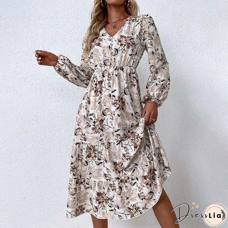 Autumn/winter new womenswear women's print maxi dress V-neck puff sleeve long dress