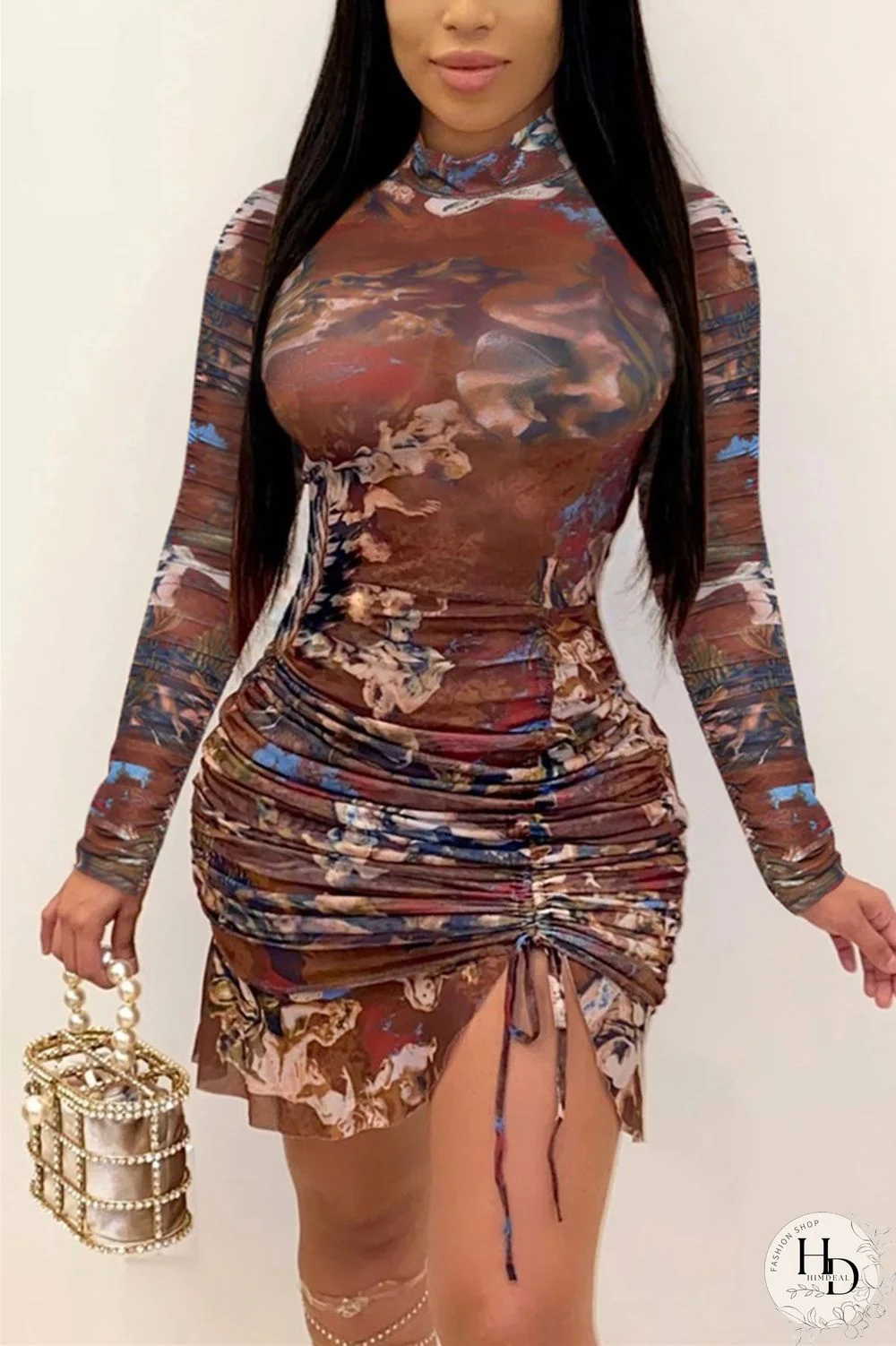 Brown Sexy Sleeve Long Sleeve Half A Turtleneck Asymmetrical Mini Print Dresses