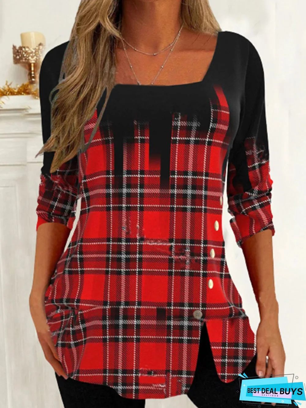 Loose Plaid Square Neck T-Shirt