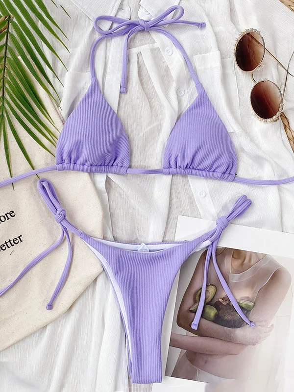 Solid Color Striped Bandage Triangles Split Bikini Swimsuit