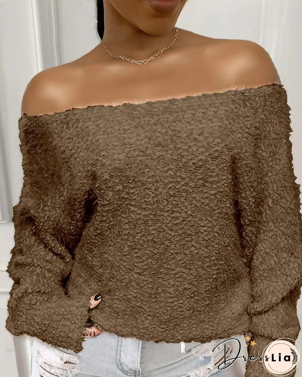 Off Shoulder Fluffy Long Sleeve Sweater P13606