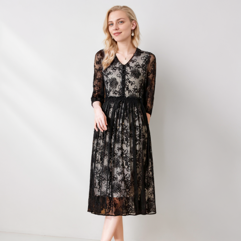 Black Silk Dress Embroidered Wedding Guest Style REAL SILK LIFE