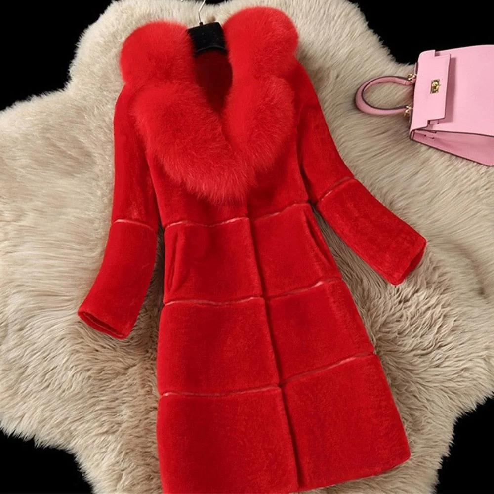 Faux Fur Coats Large Size 5XL Women Winter Fur Thick Long Jacket 2021 New Fashion Women Fake Fox Fur Collar Faux Fur Outerwear