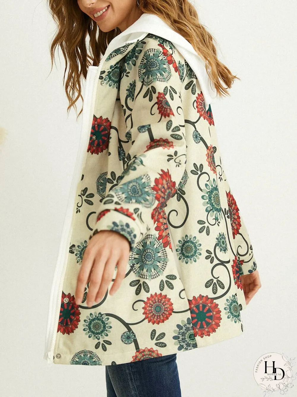 Flower Print Button Pocket Hooded Casual Jacket for Women