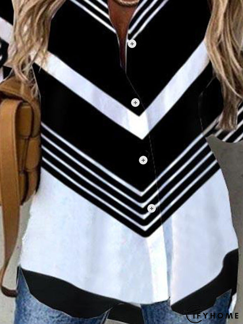 Shirt Collar Casual Striped Color Block Long Sleeve Blouse | IFYHOME