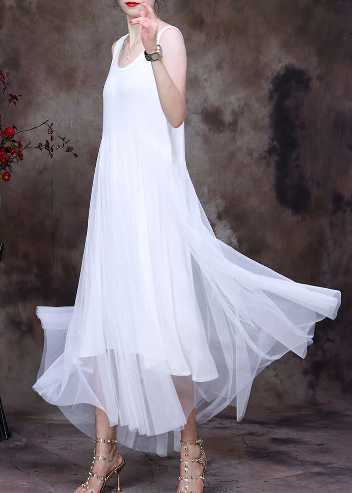 Slim Fit Solid White O-Neck Tulle Patchwork Cotton Spaghetti Strap Dress Sleeveless