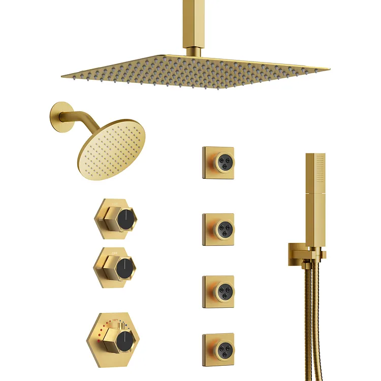 EVERSTEIN 12" & 6" Thermostatic Shower System with Body Jets Brushed Gold