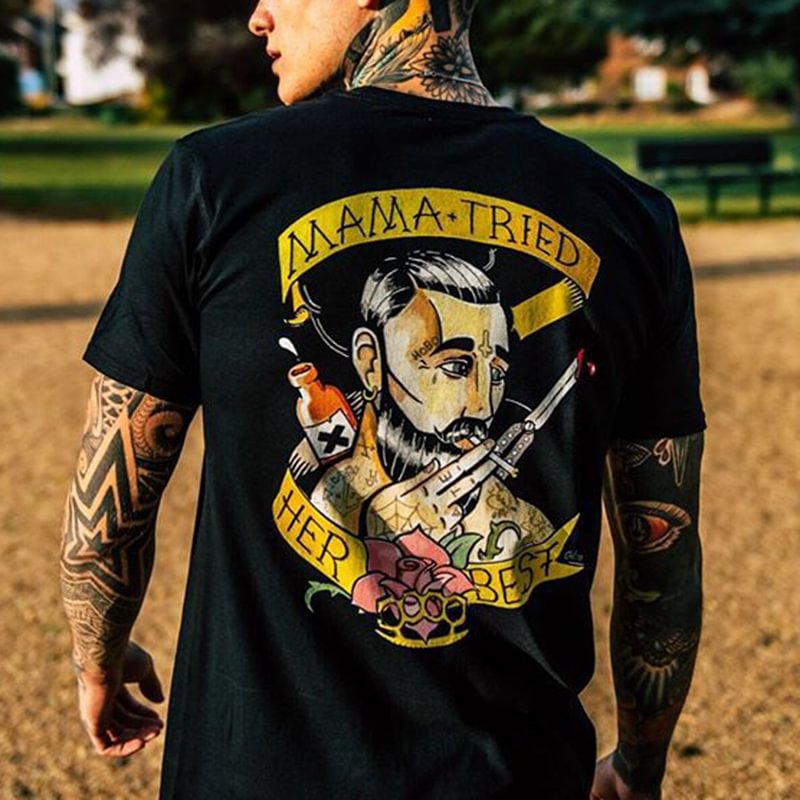UPRANDY Portrait letter print casual crew neck T-shirt -  UPRANDY