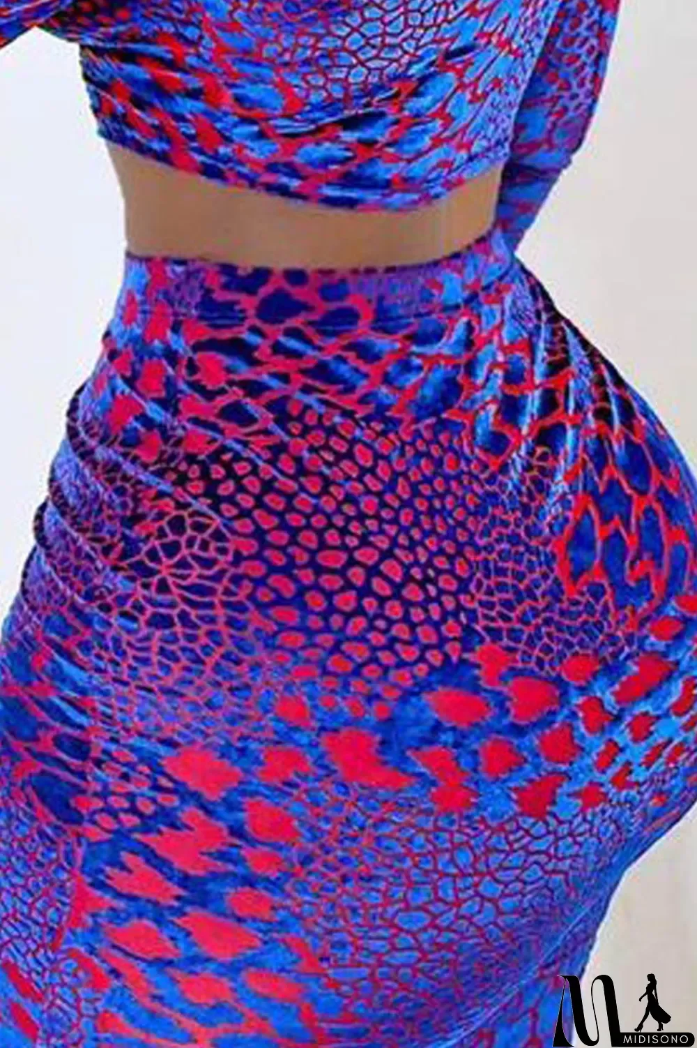 MidiSono - Blue Sexy Print Split Joint Zipper Collar Long Sleeve Two Pieces