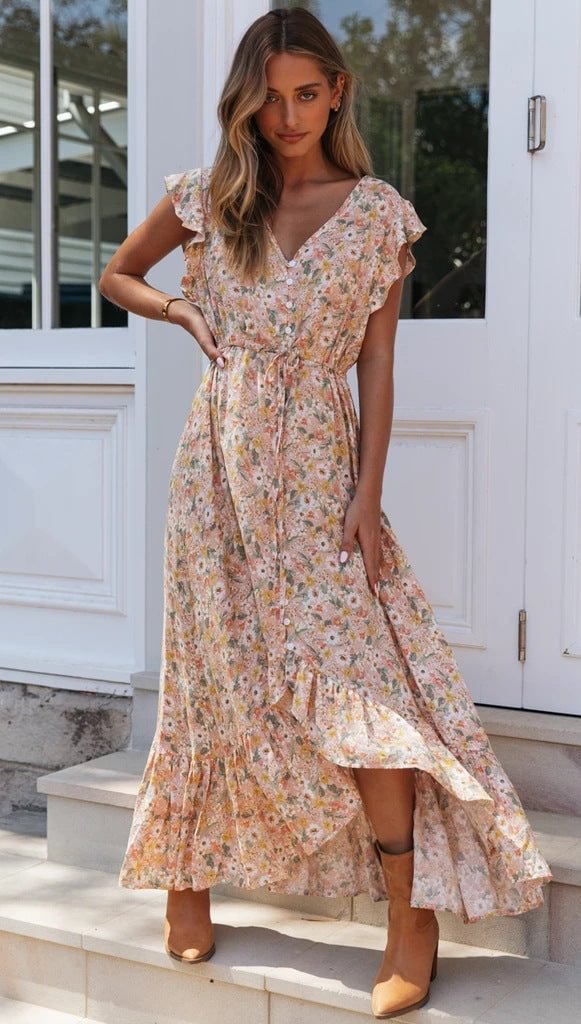V Neck Print Dress Irregular Waist Lace Up Maxi Dress