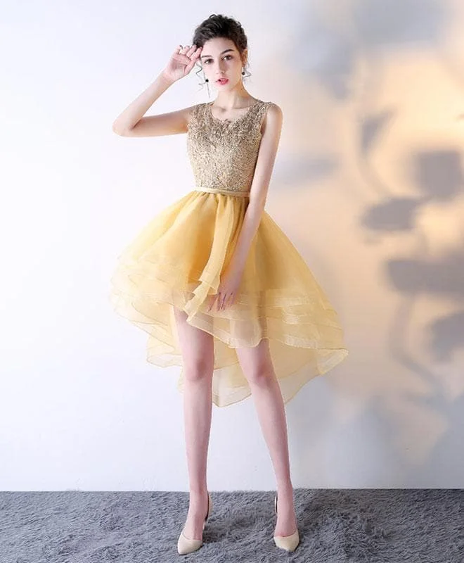 Gold Lace Tulle High Low Prom Dress