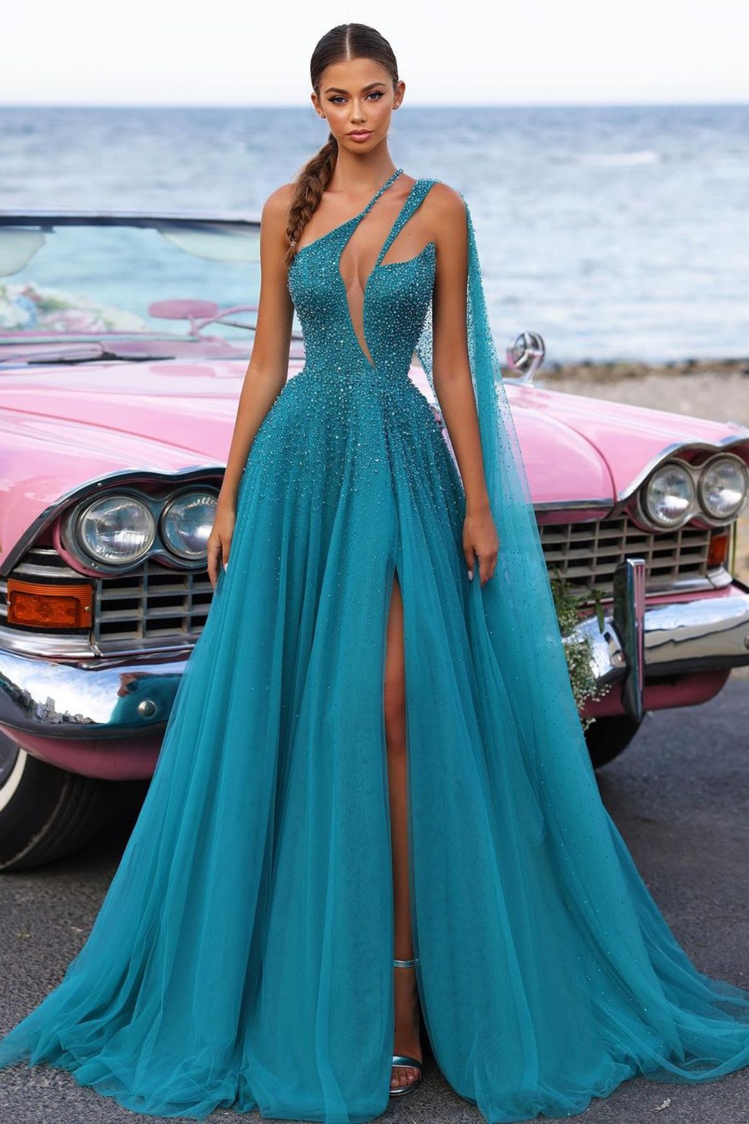  Heavy Tulle Prom Dress Green Sequins with Trail High Slit YL0299