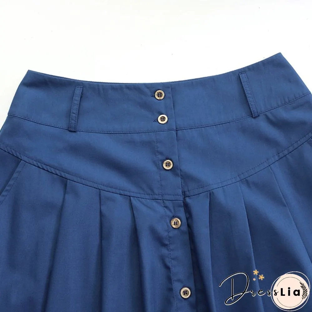 Women Fashion Solid Color Buttons Denim Long Skirts Vintage Long Dresses