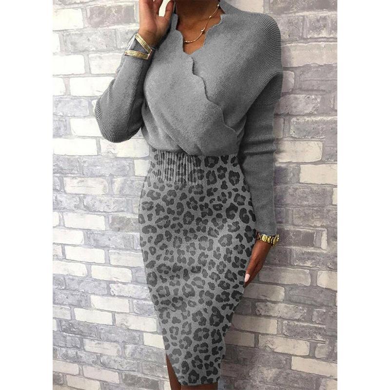  thdmladies Leopard Print Long Sleeve High Waisted Knit Dress thedmladies