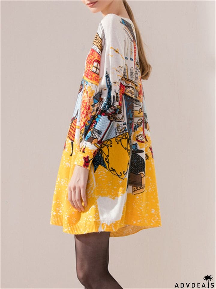 Autumn Winter  Large Size Knitting Pullover Printed Graffiti Women's Dresses