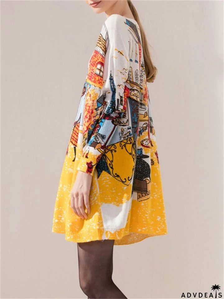Autumn Winter  Large Size Knitting Pullover Printed Graffiti Women's Dresses