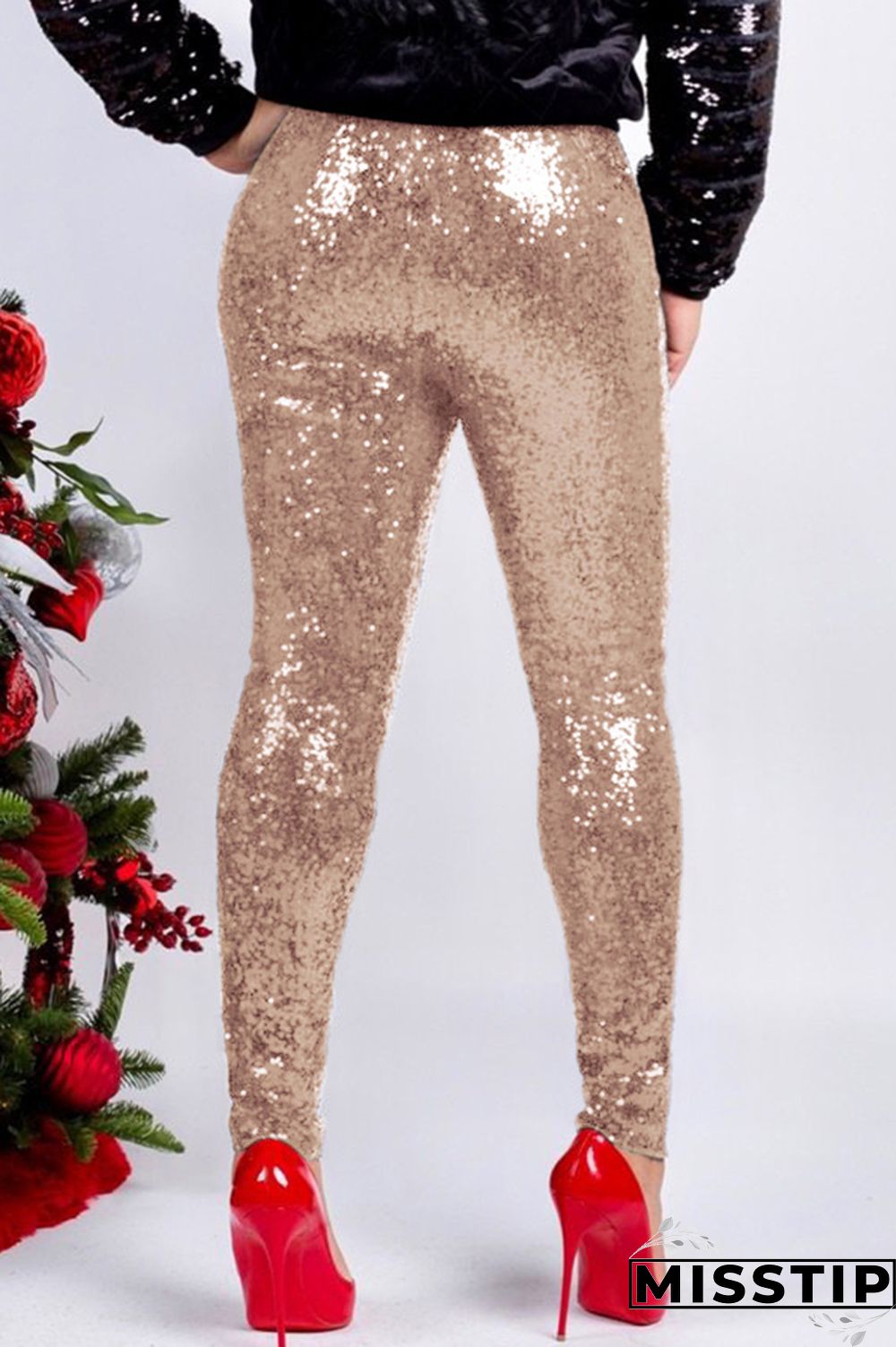 Red Fashion Party Solid Sequins Sequined Skinny Mid Bottoms