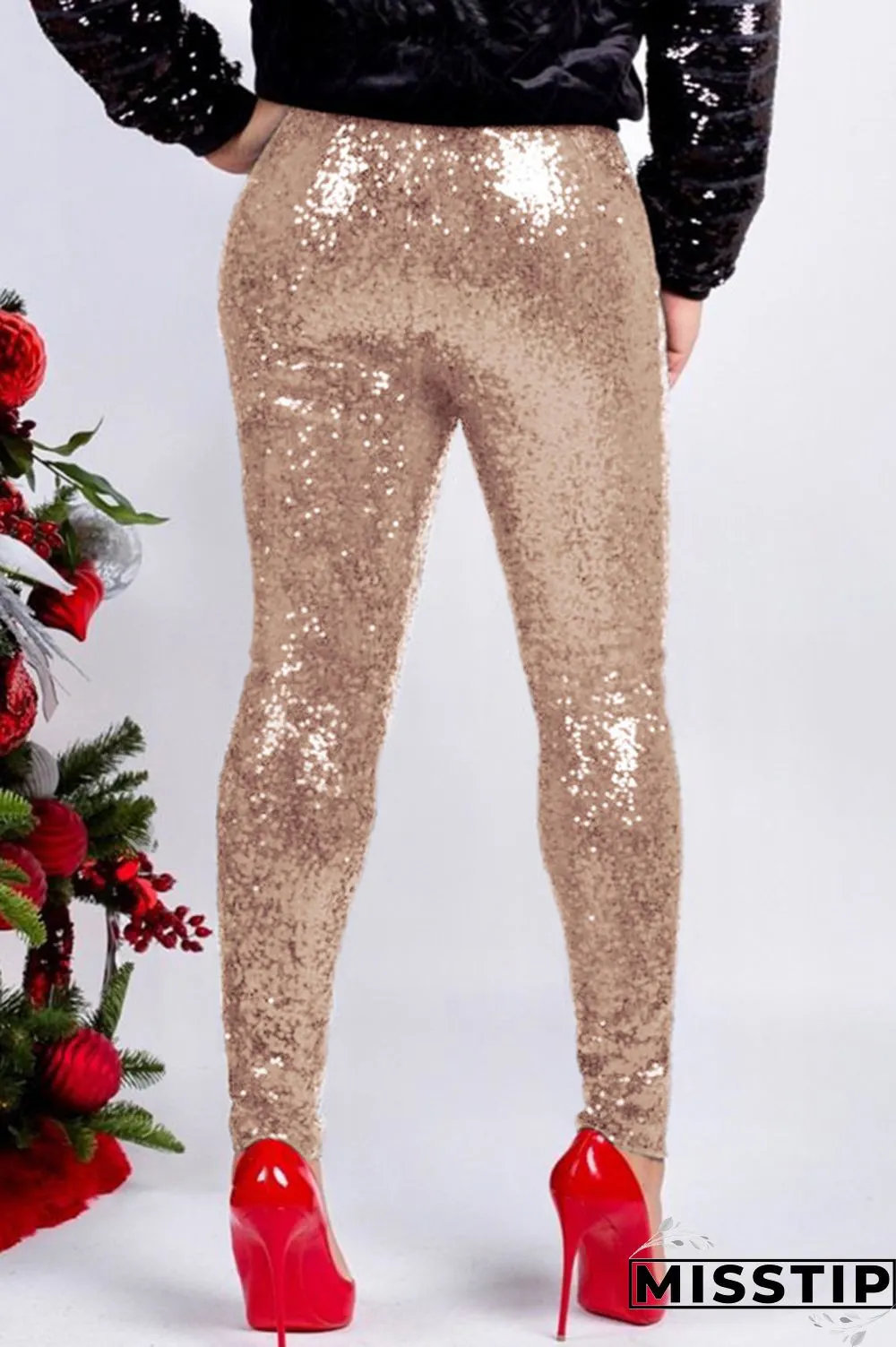 Red Fashion Party Solid Sequins Sequined Skinny Mid Bottoms