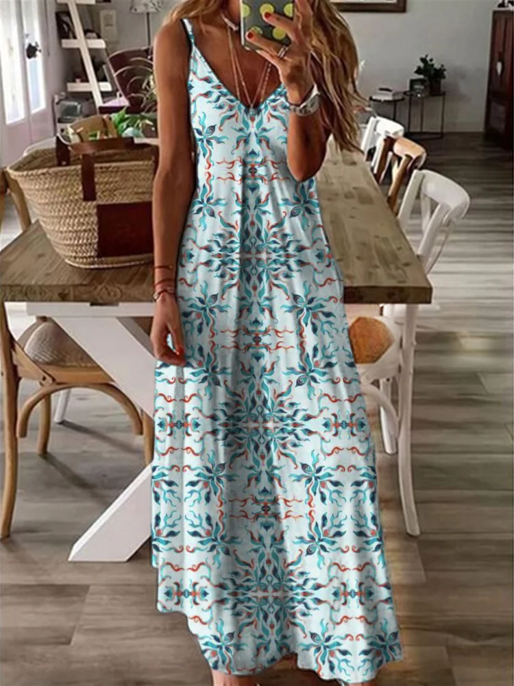 VChics Ethnic Pattern Boho Print Women's Halter Long Dress