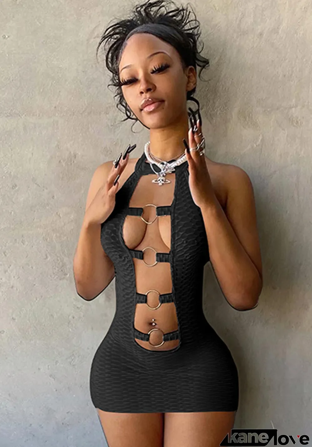 Women Summer Black Sexy Turtleneck Sleeveless Solid Hole Mini Sheath Club Dress