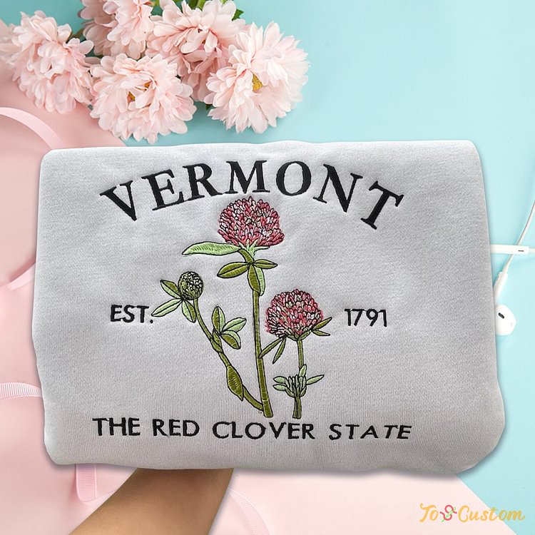 TOSCUSTOM™ Vermont State Flower Embroidered Sweatshirt 1791 Red Clover Flower