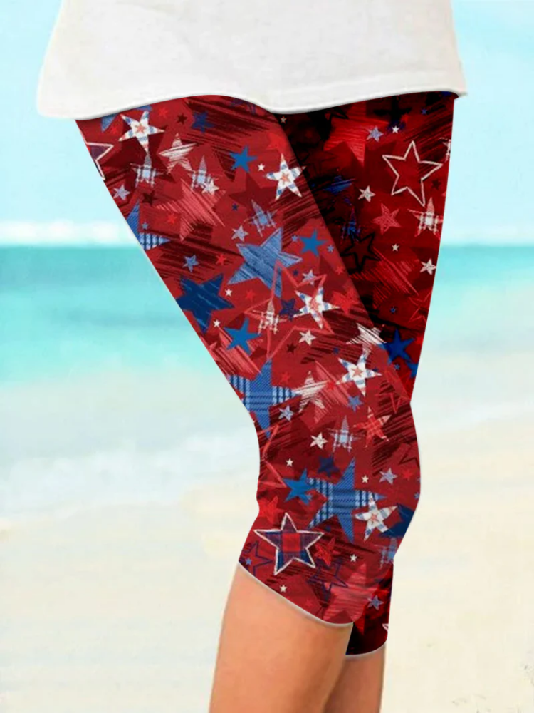 Red Blue Stars Print Stretch Leggings wearshes