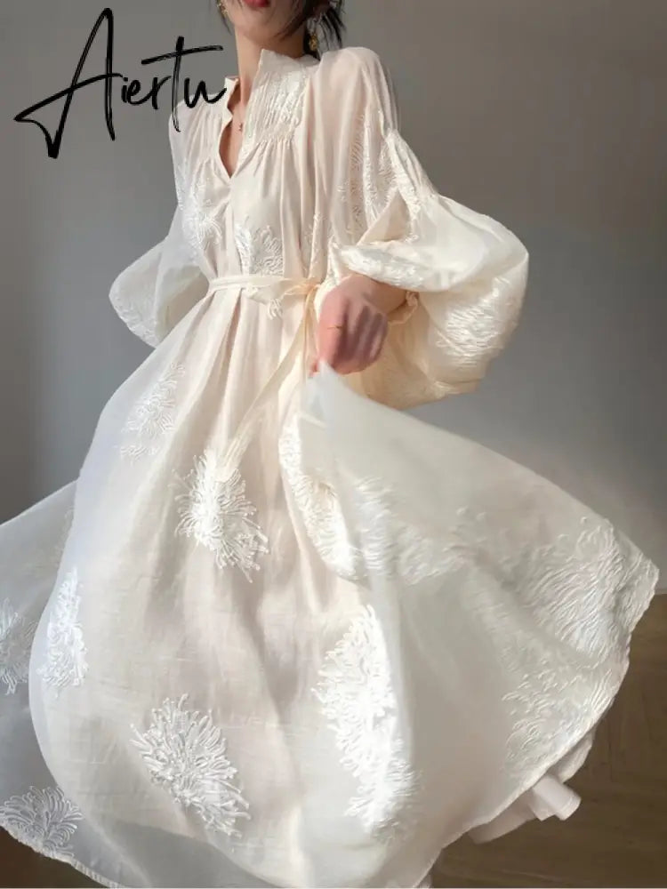 Aiertu Vintage Elegant Embroidery Evening Party Midi Dress France Lantern Sleeve Lace Up Vestidos Autumn New Women Korean Prom Clothes Aiertu