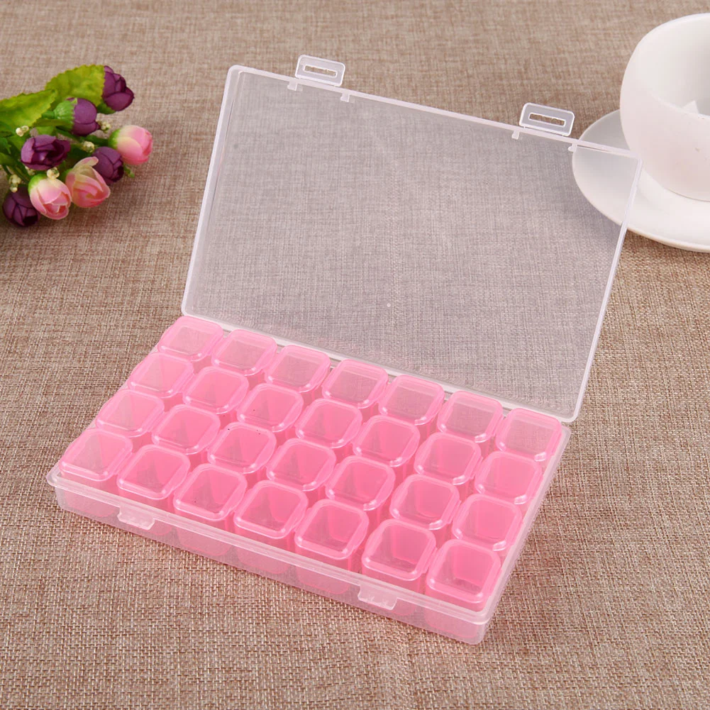 28 Grids Plastic Storage Box Nail Rhinestone Jewelry Display Case(Pink)