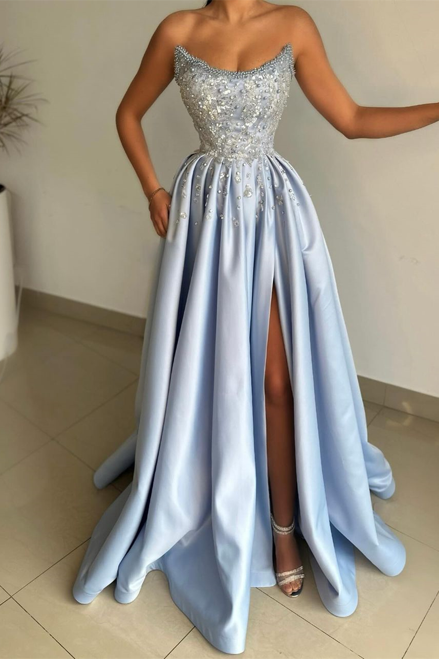 New Arrival Baby Blue Strapless Slit Prom Dress Long With Pearls Appliques - lulusllly
