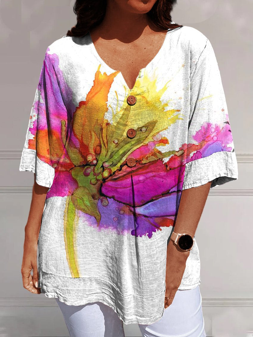 Women's Summer Bloom Print Casual Linen V-neck Shirt