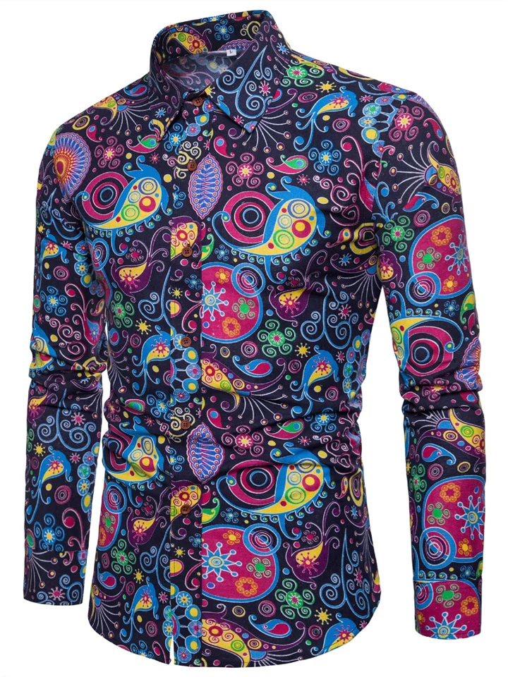 Men's Shirt Paisley Tribal Plus Size Print Long Sleeve Street Slim Tops Cotton Basic Fashion Vintage Streetwear Khaki Red Navy Blue / Club-Mixcun