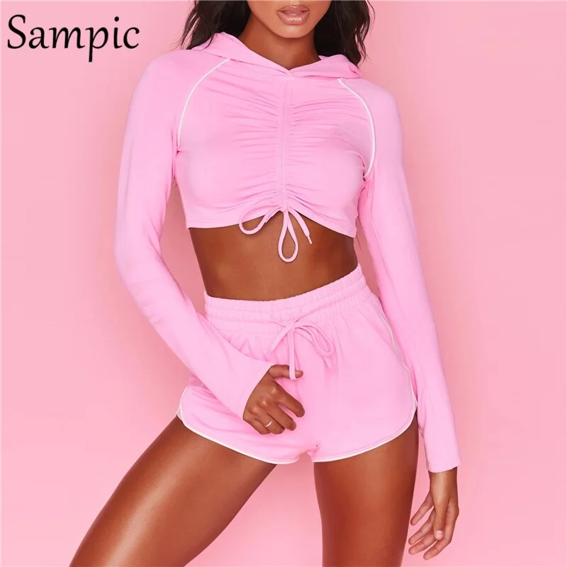 Sampic Sexy Women Tracksuit Cropped Ruched Hoodies Set Long Sleeve Tops And Bodycon Mini Biker Leggings Shorts Two Piece Set