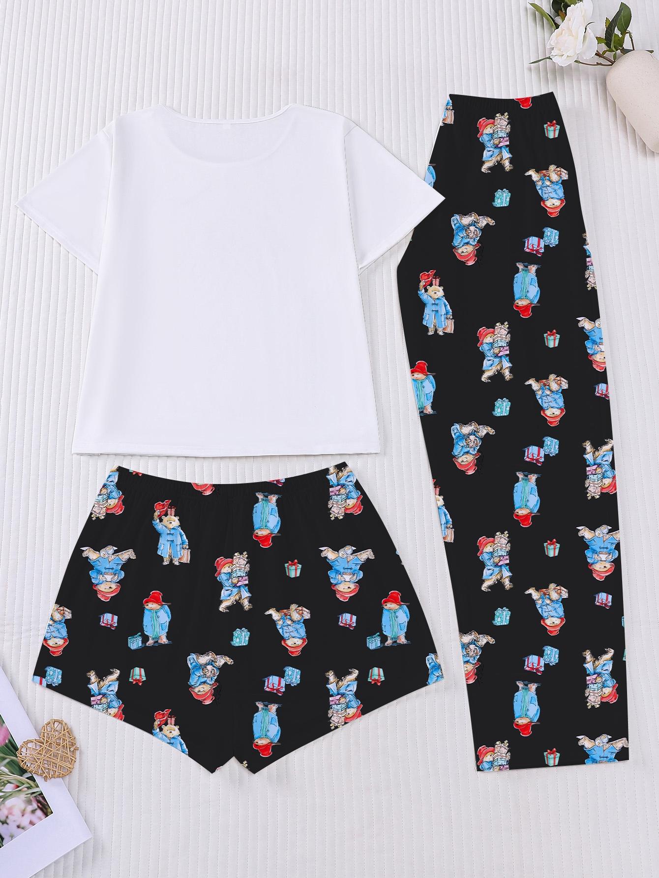 3-Piece Casual Women Pjs Pajama Set with Padding Bear Print, Short Sleeve Button-Up Top and Loose Shorts and Long Pants, Stylish Comfortable Sleepwear & Loungewear for Everyday and Holiday