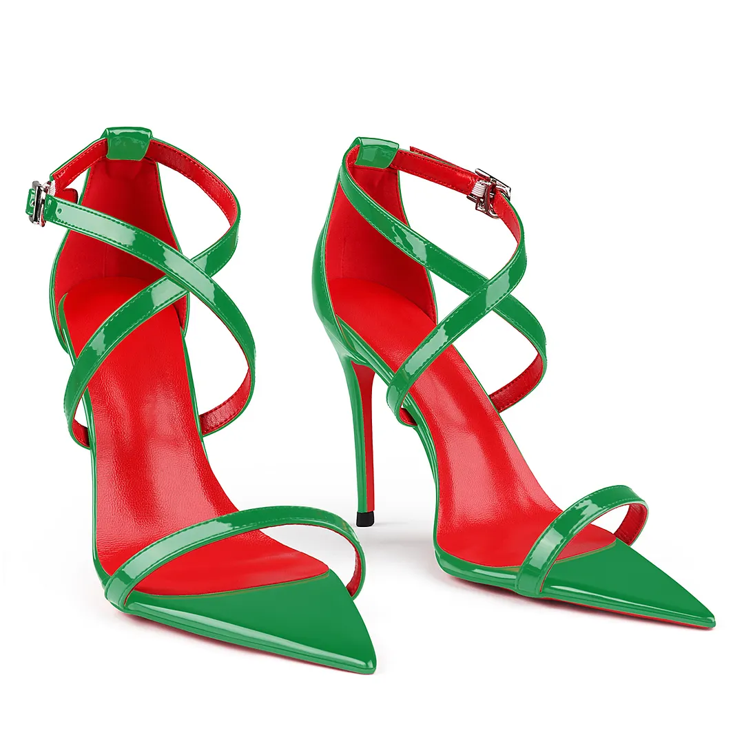 100mm Red Lined Thin Cross Strap Pointed Toe High Heels Red Bottom Party Shoes Sandals-vocosishoes