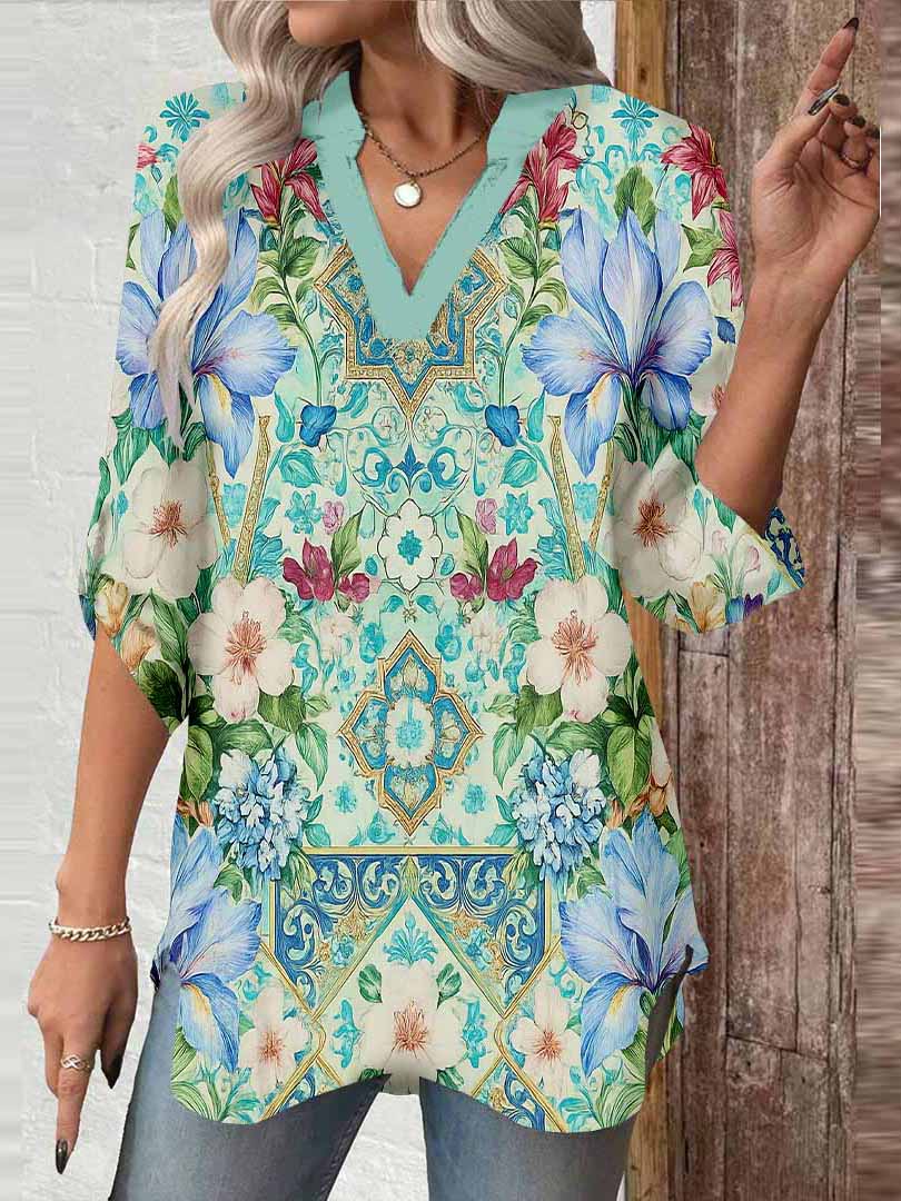 Women Floral, Green, Blue, Red DZGA0151 3/4 Sleeve V-neck Printed Graphic Button Tops
