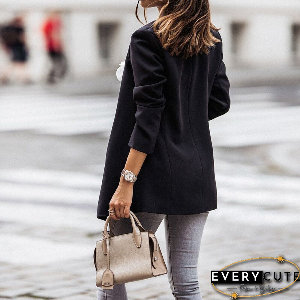 Womens Solid Color Lapel Blazer Coat Autumn Elegant Long Sleeve Commute Jackets Tops