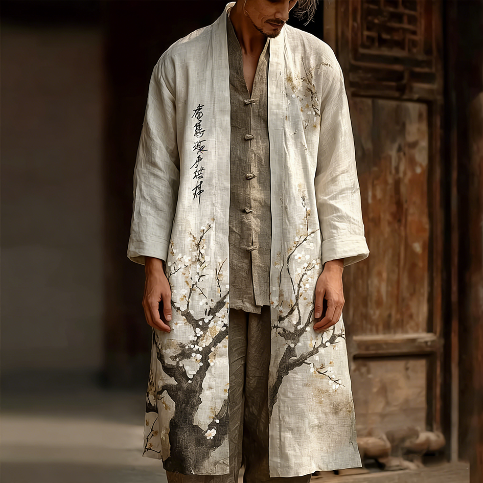 Men's White Cherry Blossom Pattern Casual Linen Long Kimono  artssus
